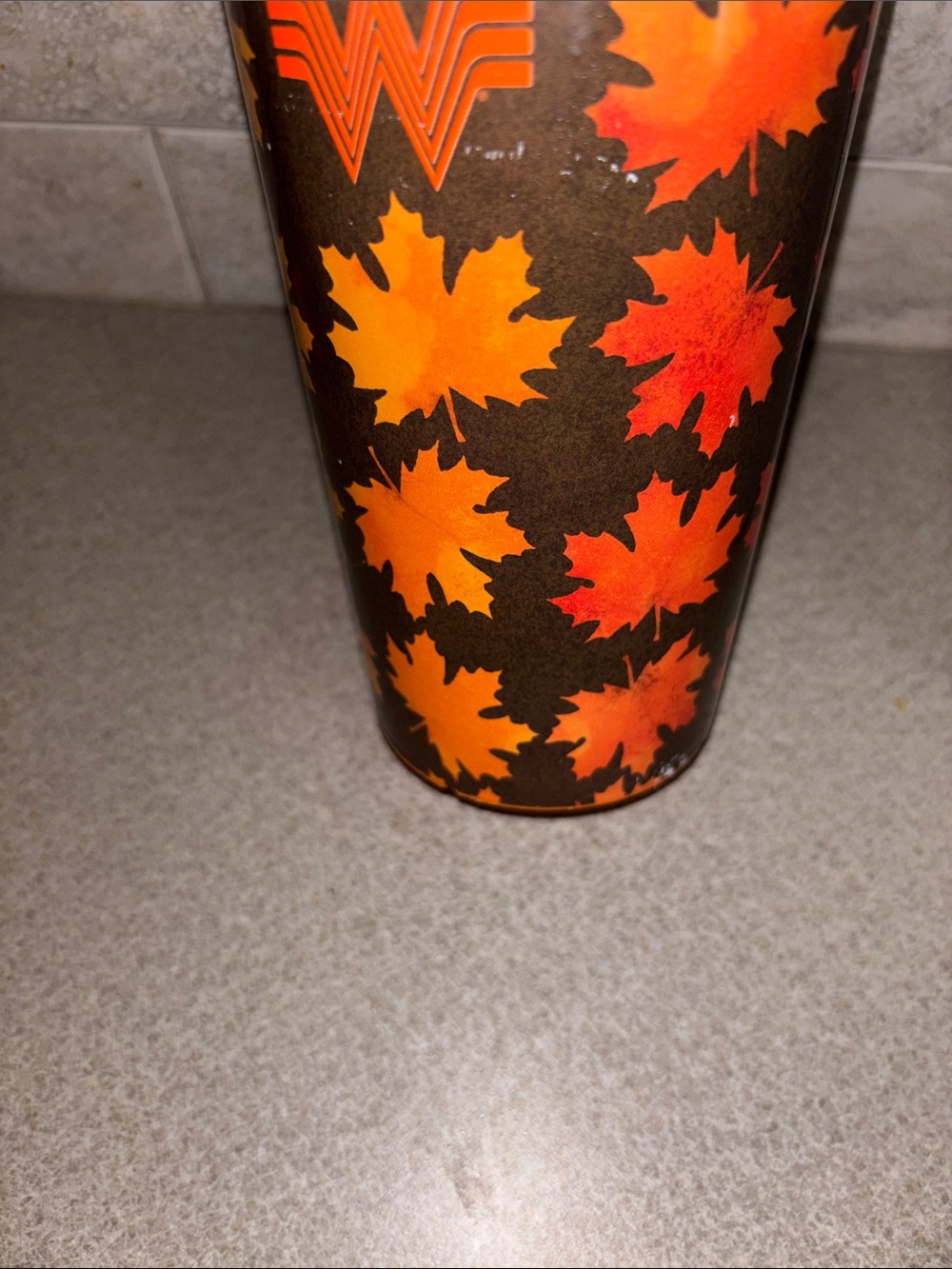 Whataburger Autumn Maple Leaf reusable plastic cups with lids– Orange & Yellow - Picture 4 of 7